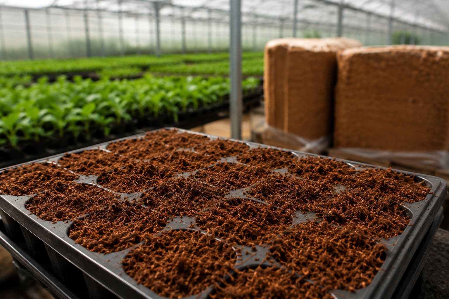 Coco peat trays prepared inside a greenhouse for commercial growing